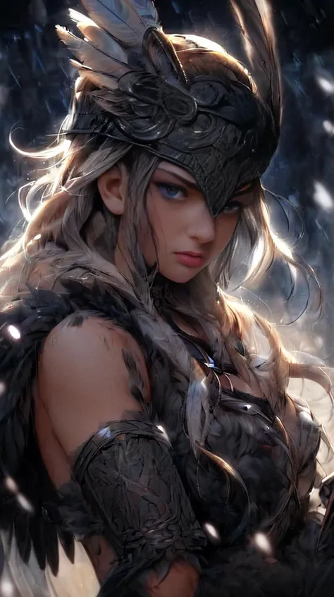 1girl, bare shoulders, black feathers, blue eyes, blurry background, breasts, feather hair ornament, feathers, fur trim, lips, long hair, looking at viewer, medium breasts, solo, upper body <lora:Cool Hong Kong Girl:1> image_dir <lora:calicomix_v75:1> <lora:add_detail:1>