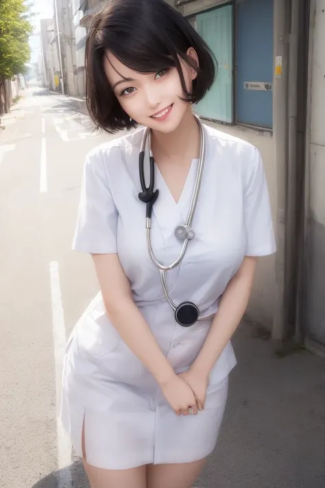 (((masterpiece, best quality))), 1girl, urban street, sun shine, black hair, pony tail, smiling, white teeth, japanese, nurse uniform, stethoscope, name plate,