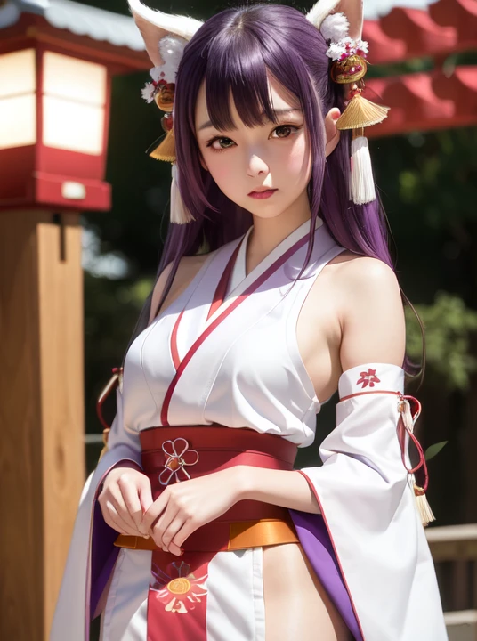 masterpiece, best quality, highres,
realistic,
1girl,
purple hair, purple eyes, kemomimi, medium breasts, bare slim thigh,
hair ornament, (red|white japanese miko clothes:1.25), detached sleeves,
blush,
standing,
lantern, shrine,
detailed face,