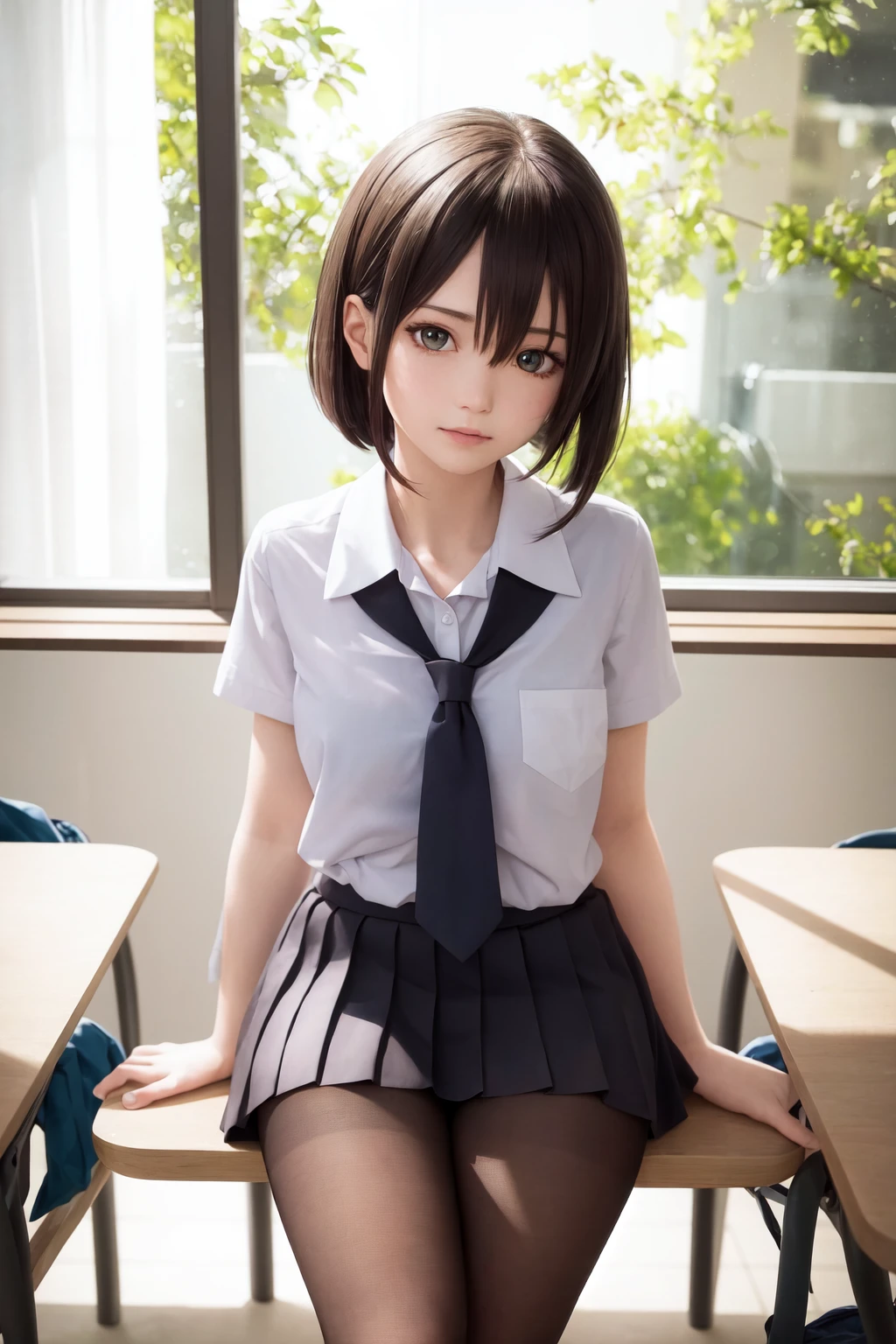 masterpiece, best quality, ultra-detailed, illustration, colorful, falt color, depth of field, lens flare,
1girl, anime, sitting, black hair, looking at viewer,school, classroom, pleated miniskirt , school uniform, serafuku, black pantyhose, detailed skin texture, detailed cloth texture, beautiful detailed face,