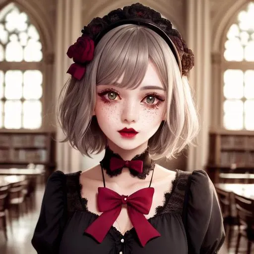 face portrait,eye-level shot,Bokeh,library background, gothic arquitecture,1girl, short haircut, pale skin,gothGal,bow,dress,gloves,headwear,hair bow, face freckles,red lips,(high detailed skin:1.2), high quality,look at Viewer, alone, <lora:gothGals_v10:.7>, <lora:noelleGenshinImpact_v10:.8>