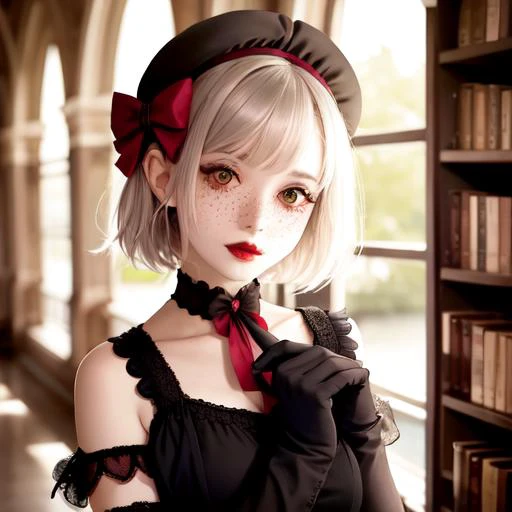 face portrait,eye-level shot,Bokeh,library background, gothic arquitecture,1girl, short haircut, pale skin,gothGal,bow,dress,gloves,headwear,hair bow, face freckles,red lips,(high detailed skin:1.2), high quality,look at Viewer, alone, <lora:gothGals_v10:.7>, <lora:noelleGenshinImpact_v10:.8>