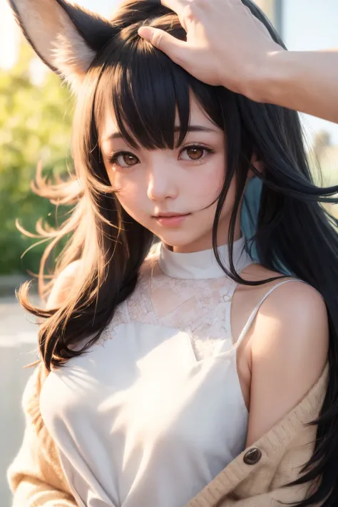 <lora:HeadpatPOV:1>,HeadpatPOV, pov, (headpat:1.3),
night city,detailed sky,1girl, solo,(looking at viewer:1.1),smile,parted lips,
(photorealistic:1.4),(backlighting:1.2),(broken:1.4),(blurry background:1.2),
brown cardigan,(mio_cardigan:1),loose and partially undressed to waist cardigan,(white sleeveless dress:1.1),
(floating long hair:1.1),animal_ear_fluff,\(ookami mio\), (small breasts:1.2),<lyco:ookamiMio_v1:0.8> upper body focus,, (high quality, best quality:1.2),masterpiece