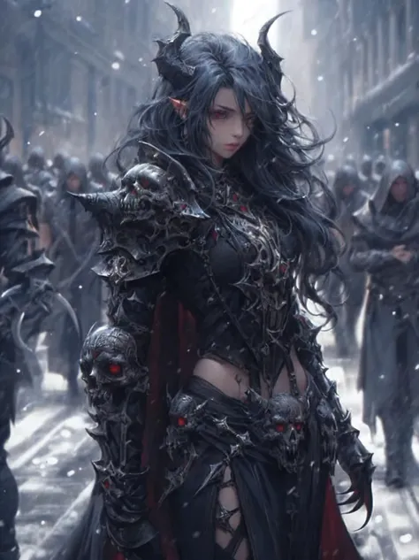 1girl, armor, bare tree, blurry, blurry background, blurry foreground, depth of field, gauntlets, holding, holding sword, horns, long hair, looking at viewer, pauldrons, pointy ears, shoulder armor, snow, snowing, solo, standing, sword, weapon <lora:calicomix_v75:1> <lora:Cool Hong Kong Girl:1> image_dir <lora:add_detail:1> easynegative