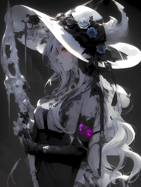 1girl, black flower, black rose, blue bow, blue flower, blue rose, breasts, closed mouth, dress, flower, grey eyes, hat, hat flower, holding, holding weapon, jewelry, long hair, moon, pink rose, profile, purple flower, purple rose, rose, rose print, solo, sword, thorns, very long hair, weapon, white rose <lora:Cool Hong Kong Girl:1> image_dir easynegative <lora:huge breasts:1>