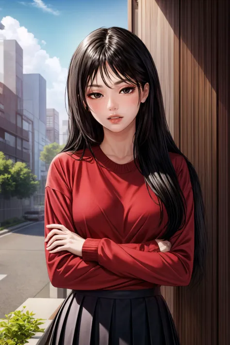 (masterpiece, best quality), <lora:nari v1.5-lora-Faxtron:0.8> nari, black eyes, black hair, long hair, red sweater, long sleeves, black pleated skirt, standing,
<lora:add_detail:0.8>,