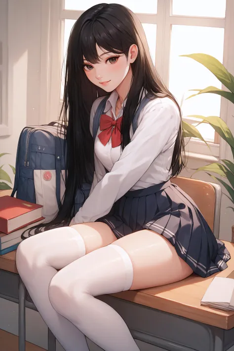 score_9, score_8_up, score_7_up, score_6_up, score_5_up, score_4_up, (masterpiece, best quality), <lora:nari:0.8> nari, black eyes, black hair, long hair,school uniform, white thighhighs, light smile,