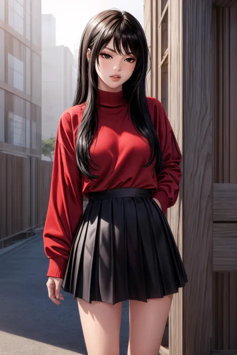 (masterpiece, best quality), <lora:nari v1.5-lora-Faxtron:0.8> nari, black eyes, black hair, long hair, red sweater, long sleeves, black pleated skirt, standing,
<lora:add_detail:0.8>,