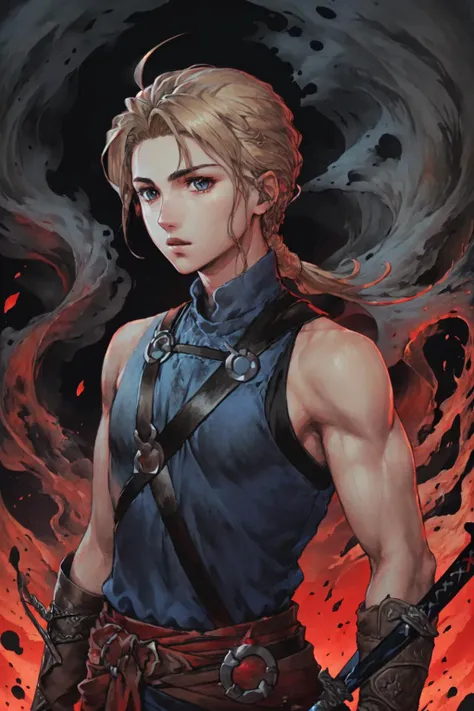 JowyAtreides, blue shirt,  sleeveless,   1boy, solo,   blonde hair,low ponytail, (black and red theme, black sword, black magic),
 <lora:JowyAterides_Suikoden2V1.1:0.9>