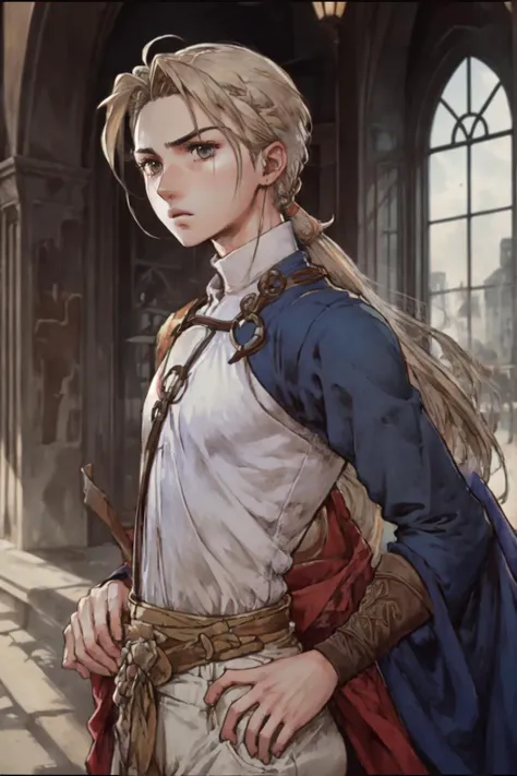JowyAtreides, 1boy, solo, blonde hair, low ponytail, wearing white suit, long sleeves, serious look, castle, <lora:JowyAterides_Suikoden2V1.1:1>