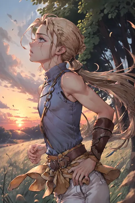 JowyAtreides, blue shirt, white pants, yellow belt, sleeveless, 1boy, solo, blonde hair, low ponytail, running, sunset, grass, from side, tears, wind, <lora:JowyAterides_Suikoden2V1.1:1>