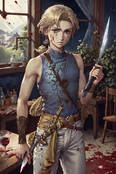 JowyAtreides, blue shirt, white pants, yellow belt, sleeveless, 1boy, solo, blonde hair, low ponytail, standing, (holding bloody knife:1.2), sad, carpet, window, table, wine glass, night, night sky, <lora:JowyAterides_Suikoden2V1.1:1>