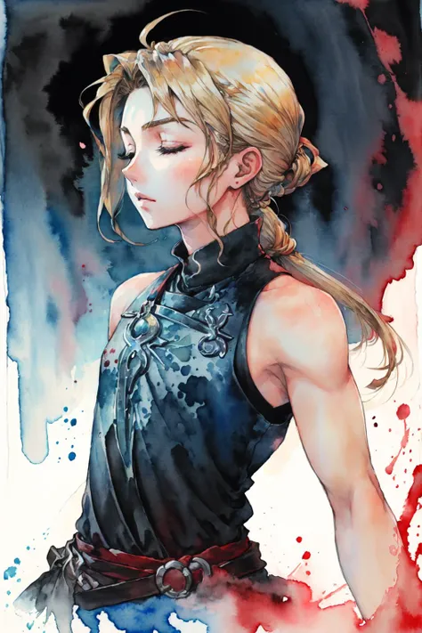 ( watercolor \(medium\), IrisCompiet:1.2),<lora:IrisCompietStyle:0.9>, (black and red theme, black sword, black magic),JowyAtreides, blue shirt, sleeveless, 1boy, solo, blonde hair,low ponytail, eyes closed, outstretched arms, arms up, abstract background, ,
<lora:JowyAterides_Suikoden2V1.1:0.9>