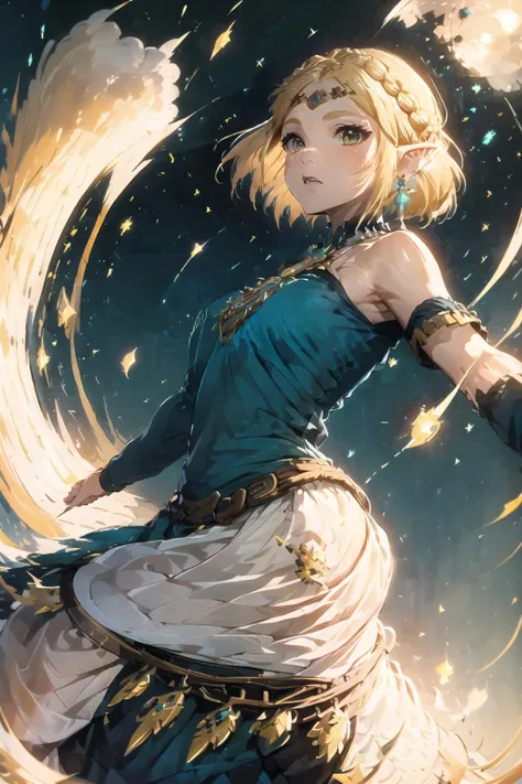 ultra-detailed,masterpiece,best quality,extremely detailed,watercolor,sharp focus,portrait,illustration,solo,ZeldaTOTK,princess zelda,greed eyes,jewelry,pointy ears,blonde hair,crown braid,short hair,triforce,earrings,bare shoulders,sky,clouds,moss,Ghibli,floating in the air,<lora:V_ZeldaTOTK_YW:1>,
