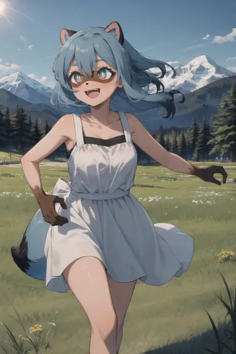 <lora:michiru_kagemori:1> michiru_kagemori, 1girl, blue hair, two-tone hair, multicolored eyes, tail, furry, raccoon ears, body fur, animal nose, best quality, masterpiece, brown colored hands, white sundress, outdoors, mountains, fields, grass, :D, fangs, running, sun, sunny