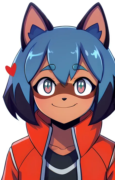 <lora:michiru_kagemori:1>, michiru_kagemori, blue hair, animal ears, red jacket, upper body, tail, [brown colored hands], (hearts:1.2), looking at viewer, smile