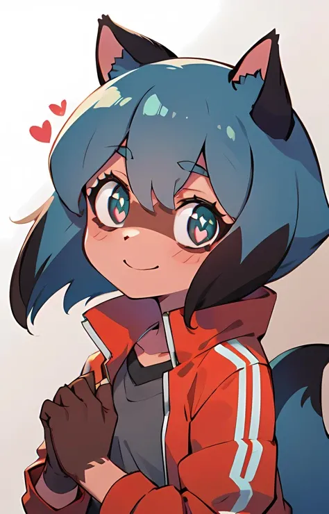 <lora:michiru_kagemori:1>, michiru_kagemori, blue hair, animal ears, red jacket, upper body, tail, [brown colored hands], (hearts:1.2), looking at viewer, smile