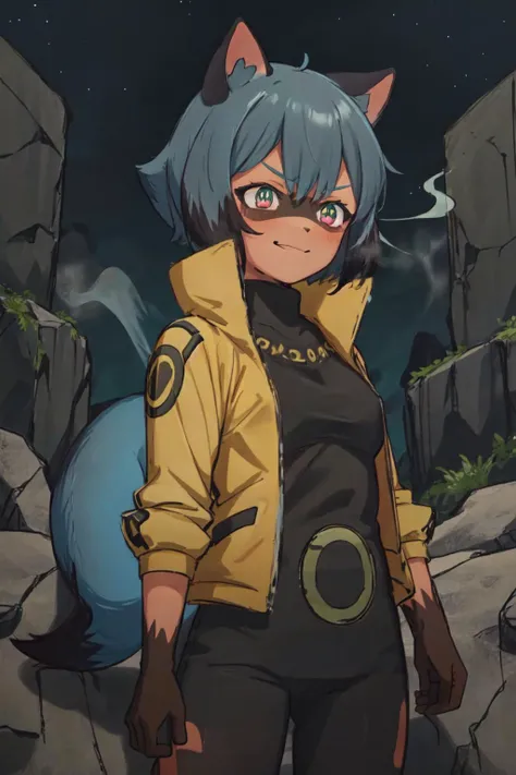 best quality, 1girl, raccoon girl, solo, furry, furry female, michiru_kagemori, blue hair, short hair, multicolored eyes, animal nose, triangle shaped nose, animal ears, (tail), bushy tail, two tone skin, brown colored hands <lora:MichiruV2:1> <lora:Naruto_SixPaths:0.95> black bodysuit, tomoe \(symbol\), yellow eyes, symbol-shape pupils, golden jacket, high collar, standing, rocks, outdoors, night, smoke, destruction, smirk,