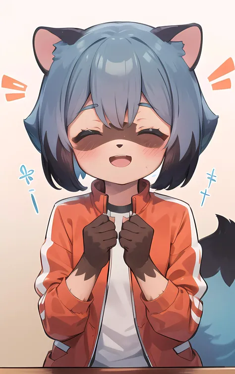 <lora:MichiruV2.1:1>, 1 girl, raccoon girl, solo, furry,furry female, michiru_kagemori, blue hair,short hair, multicolored eyes, animal nose,triangle shaped nose, animal ears, (tail), [bushy tail:0.7], two tone skin, brown colored hands, red jacket, smile, closed eyes, open mouth