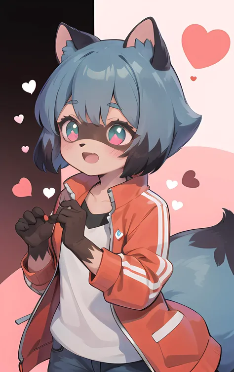 <lora:MichiruV2.1:1>, 1 girl, raccoon girl, solo, furry,furry female, michiru_kagemori, blue hair,short hair, multicolored eyes, animal nose,triangle shaped nose, animal ears, (tail), [bushy tail:0.7], two tone skin, brown colored hands, red jacket, smile, open mouth, (hearts:1.2)