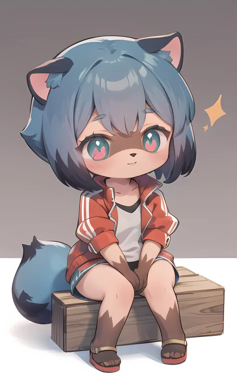 <lora:MichiruV2.1:1>, 1 girl, raccoon girl, solo, furry,furry female, michiru_kagemori, blue hair,short hair, multicolored eyes, animal nose,triangle shaped nose, animal ears, (tail), [bushy tail:0.7], two tone skin, brown colored hands, (chibi:1.5), red jacket, blue short, smile, sit