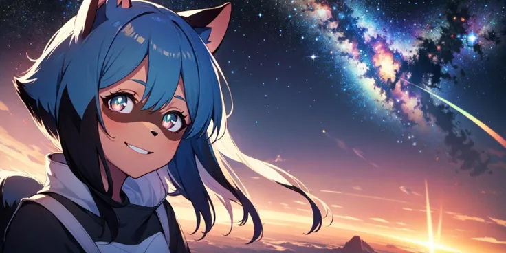 1 girl, raccoon girl, solo, furry,furry female, michiru_kagemori, blue hair, multicolored eyes, animal nose, animal ears,(tail), (high quality, best quality, (4k), hi res, masterpiece, beautiful, high details),  <lora:MichiruKagemoriV2:0.8>, happy, smiling, space, universe, stars, lost in space, floating,  looking at viewer, galaxy