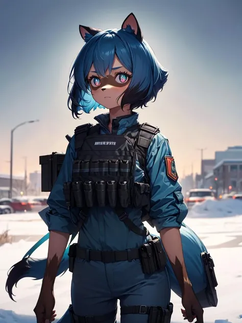 1 girl, raccoon girl, solo, furry,furry female, michiru_kagemori, short hair,bluehair, multicolored eyes, animal nose, animal ears, (tail), (high quality, best quality, (4k), hi res, masterpiece, beautiful, high details),  <lora:MichiruKagemoriV2:0.9>, looking at viewer, serious, bulletproof vest, helmet, military uniform, night