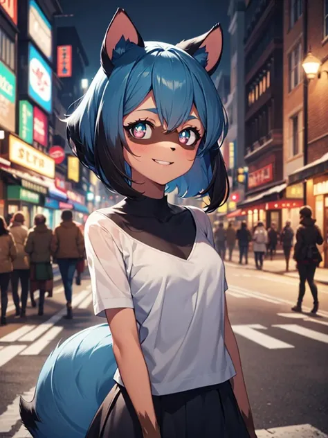 1 girl, raccoon girl, solo, furry,furry female, michiru_kagemori, short hair,bluehair, multicolored eyes, animal nose, animal ears, (tail), (high quality, best quality, (4k), hi res, masterpiece, beautiful, high details), <lora:MichiruKagemoriV2:0.9>, happy, smiling, night, outside, city, looking at viewer, eyes focus, brown colored hands
