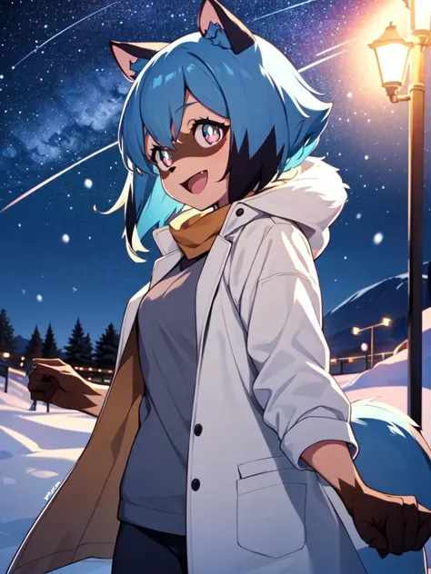 1 girl, raccoon girl, solo, furry,furry female, michiru_kagemori, blue hair, multicolored eyes, animal nose, animal ears,(tail), (high quality, best quality, (4k), hi res, masterpiece, beautiful, high details), <lora:MichiruKagemoriV2:0.8>, happy, smiling, open mouth, snow, outside, night, starry sky, coat