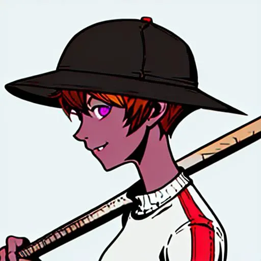 <lora:azuki-lora:1>1girl, solo, looking_at_viewer, smile, short_hair, simple_background, black_hair, hat, white_background, purple_eyes, upper_body, red_skin, orange_hair, from_side, sweater, red-skinned_female, baseball_cap, white_sweater, very_red_skin