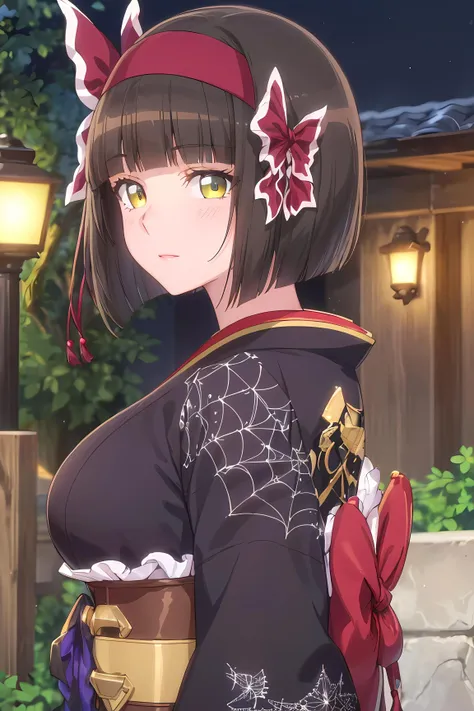 (masterpiece:1.2, best quality), (finely detailed beautiful eyes: 1.2), (extremely detailed CG unity 8k wallpaper, masterpiece, best quality, ultra-detailed), mio, large breasts, hairband, japanese clothes, purple kimono , black gloves, hair bow,spider web print, sash , obi, hair ribbon, High contrast, (best illumination, an extremely delicate and beautiful),1girl,(simple backround, outdoors, front on), looking at viewer,beautiful detailed glow, (beautiful detailed face, beautiful detailed eyes)