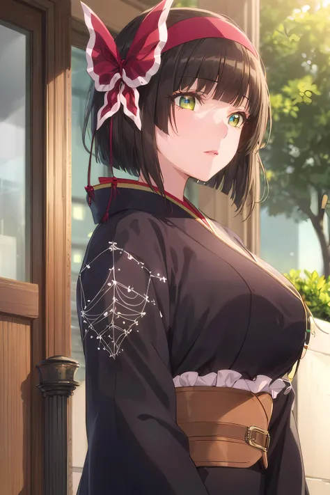 (masterpiece:1.2, best quality), (finely detailed beautiful eyes: 1.2), (extremely detailed CG unity 8k wallpaper, masterpiece, best quality, ultra-detailed),1girl, medium shot (ms), mio, large breasts, hairband, japanese clothes, purple kimono , black gloves, hair bow,spider web print, sash , obi, hair ribbon, High contrast, (best illumination, an extremely delicate and beautiful),(simple backround, outdoors, front on), beautiful detailed glow, (beautiful detailed face, beautiful detailed eyes)