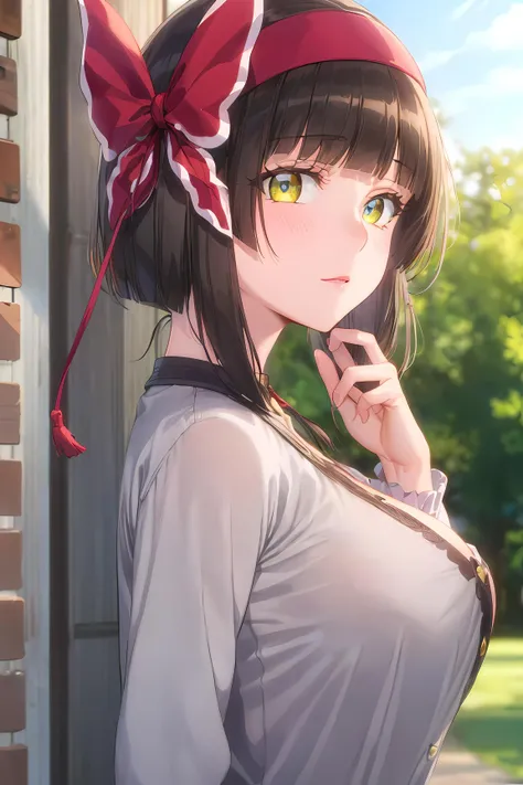 (masterpiece:1.2, best quality), (finely detailed beautiful eyes: 1.2), (extremely detailed CG unity 8k wallpaper, masterpiece, best quality, ultra-detailed), mio, large breasts, hairband, sweater , casual clothes, jeans, hair bow , hair ribbon, High contrast, (best illumination, an extremely delicate and beautiful),1girl,(simple backround, outdoors, front on), looking at viewer,beautiful detailed glow, (beautiful detailed face, beautiful detailed eyes)
