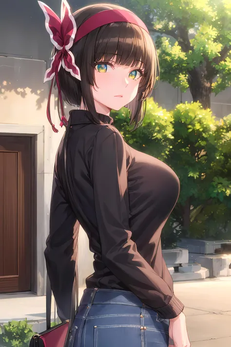 (masterpiece:1.2, best quality), (finely detailed beautiful eyes: 1.2), (extremely detailed CG unity 8k wallpaper, masterpiece, best quality, ultra-detailed), mio, large breasts, hairband, sweater , casual clothes, jeans, hair bow , hair ribbon, High contrast, (best illumination, an extremely delicate and beautiful),1girl,(simple backround, outdoors, front on), looking at viewer,beautiful detailed glow, (beautiful detailed face, beautiful detailed eyes)