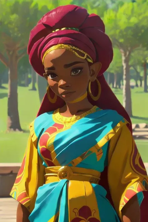 perfect portrait, Maroon Wool "Dira" womens attire Tanzania (Traditional cloth wrapped around the body.), perfect face, with an intricate park background<lora:botw_style_offset:0.98>