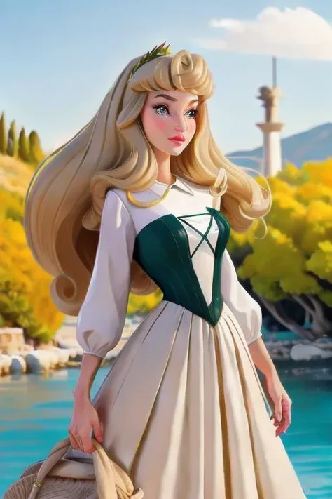 perfect portrait, Rufous Spandex Greek Traditional Wedding Dress and Suit (Greece), perfect face, with an intricate park background, sailor senshi uniform <lora:Aurora_character-20Re:0.78>