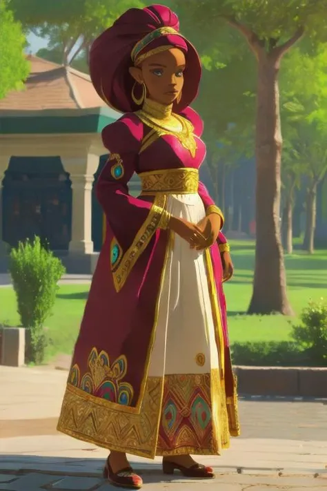 perfect portrait, Maroon Wool "Boubou" womens attire West Africa (Colorful and loose-fitting gown.), perfect face, with an intricate park background<lora:botw_style_offset:0.98>