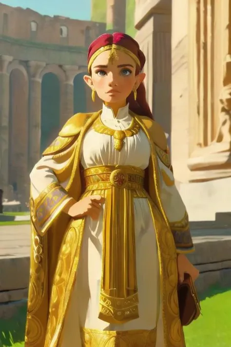 perfect portrait, Maroon Wool "Toga" womens attire Ancient Rome (Traditional Roman garment.), perfect face, with an intricate park background<lora:botw_style_offset:0.98>