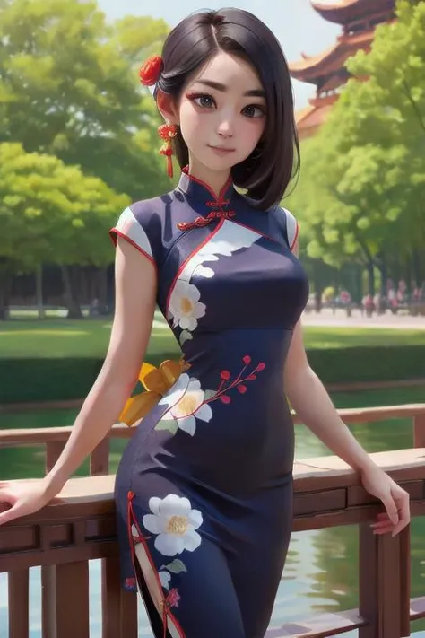 perfect portrait, Indigo Nylon Chinese Qipao/Cheongsam and Zhongshan Suit (China), perfect face, with an intricate park background<lora:sailor_venus_v2:0.78>