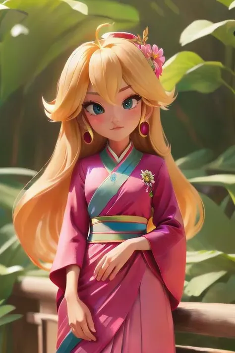 perfect portrait, Razzmatazz Velvet "Hanbok" womens attire South Korea (Elegant Korean traditional dress for women.), perfect face, with an intricate park background<lora:PrincessPeachMovie:0.78>