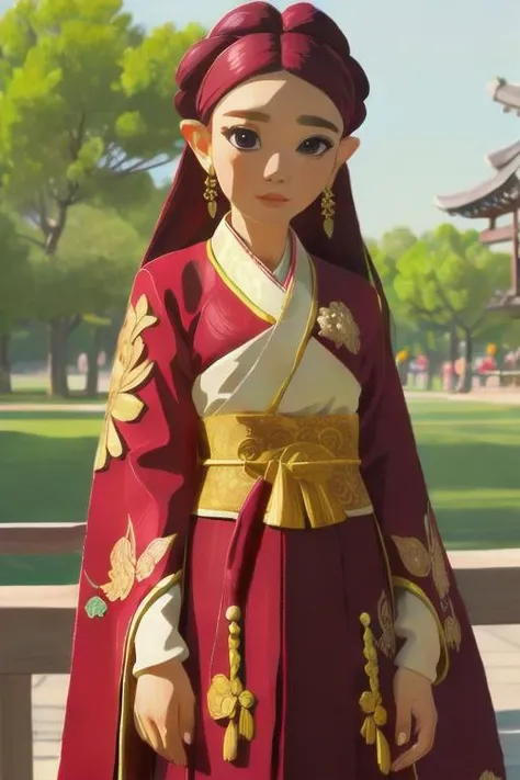 perfect portrait, Maroon Wool "Hanbok" womens attire South Korea (Elegant Korean traditional dress for women.), perfect face, with an intricate park background<lora:botw_style_offset:0.98>