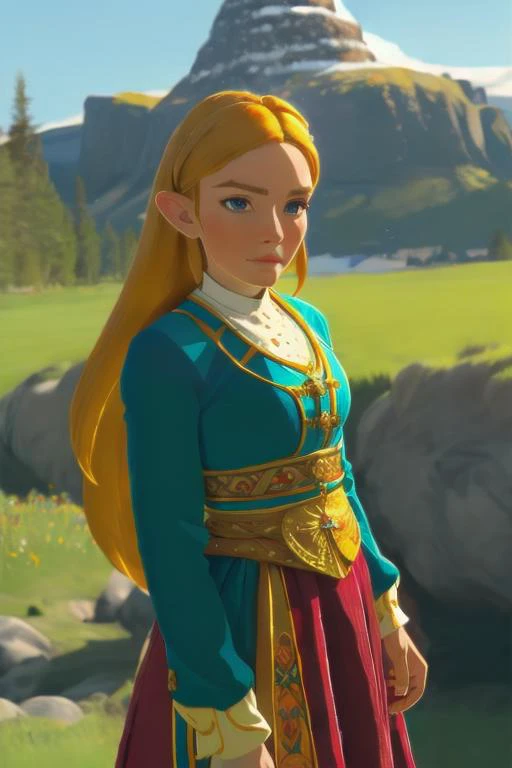 perfect portrait, Maroon Wool "Bunad" womens attire Norway (Traditional Norwegian costume.), perfect face, with an intricate park background<lora:botw_style_offset:0.98>