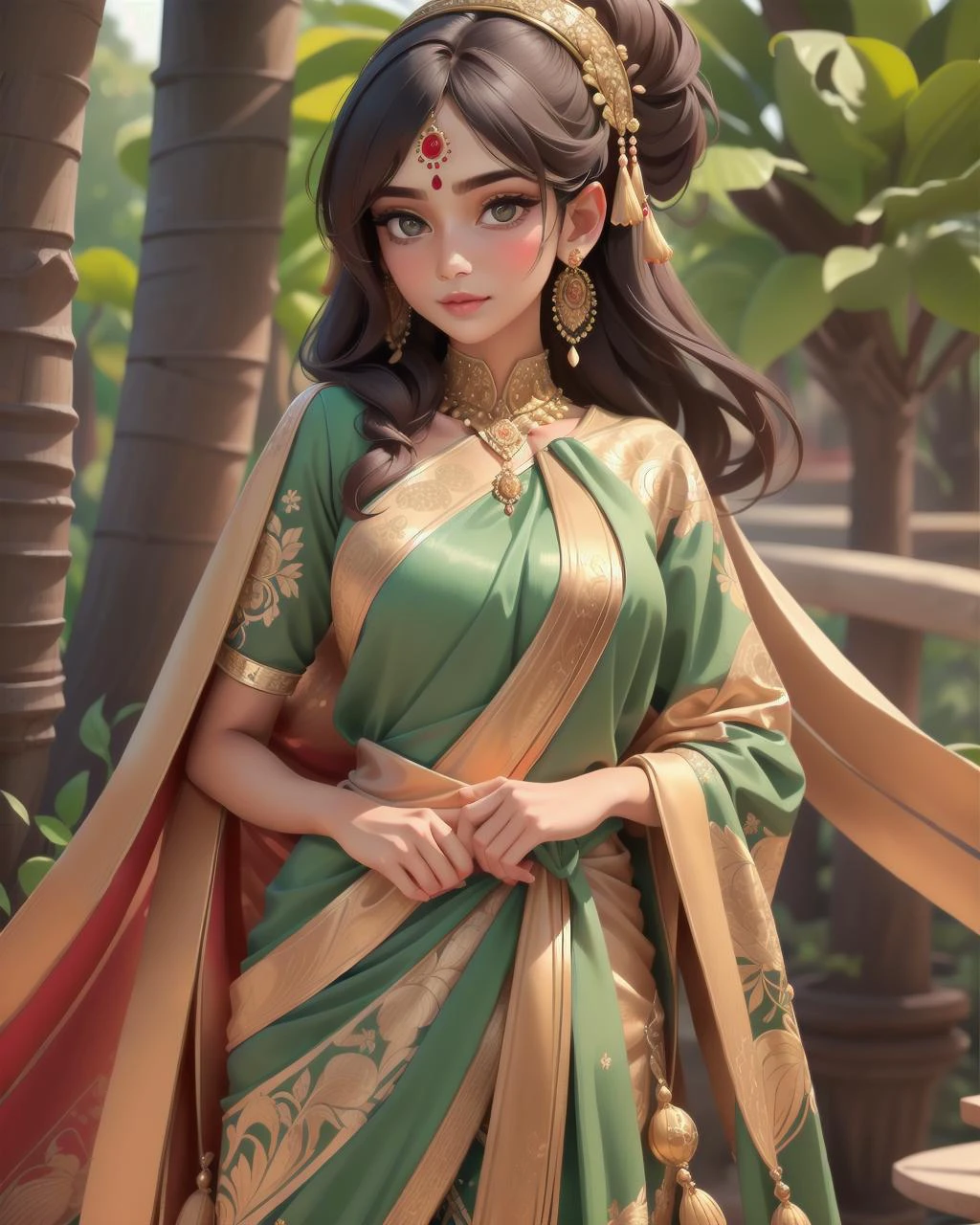 perfect portrait, Wenge Velvet "Sari" womens attire India (Showcases the beauty and diversity of Indian fashion.), perfect face, with an intricate park background<lora:wowifierV3:0.78>