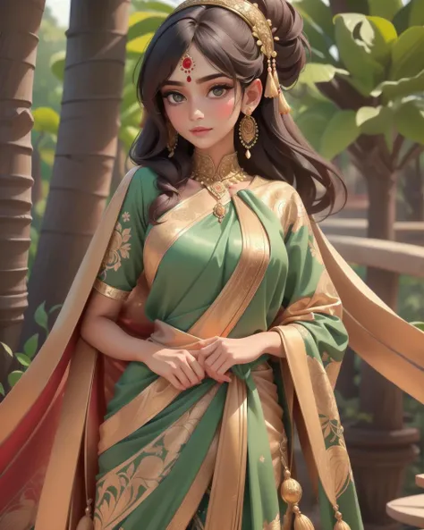 perfect portrait, Wenge Velvet "Sari" womens attire India (Showcases the beauty and diversity of Indian fashion.), perfect face, with an intricate park background<lora:wowifierV3:0.78>