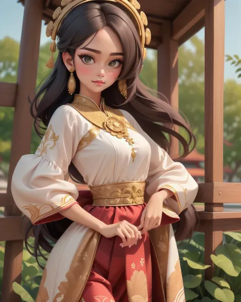 perfect portrait, Wenge Flannel "Pao" womens attire Thailand (Traditional Thai dress.), perfect face, with an intricate park background<lora:wowifierV3:0.78>