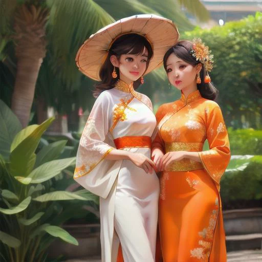 Orange Polyester "o di" womens attire Vietnam (Epitomizes Vietnamese femininity and grace.), perfect face, with an intricate park background<lora:add_detail:0.4>