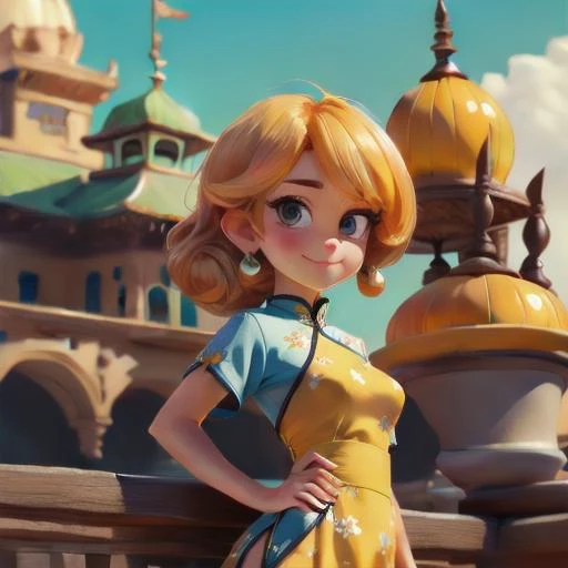 Minion Yellow Linen qipao, perfect face, with a oritental palace background<lora:Burger photo_v1:0.69>