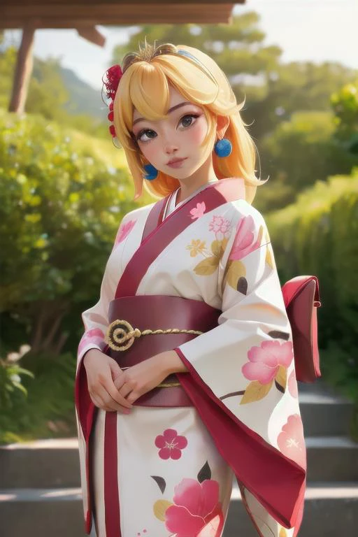 perfect portrait, Xanadu Leather Japanese Shinto Wedding Kimono (Japan), perfect face, with an intricate park background<lora:ppeach-000018:0.78>