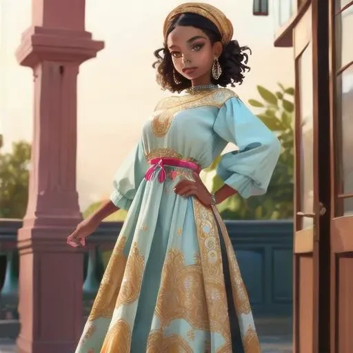Zaffre Linen "Boubou" womens attire West Africa (Colorful and loose-fitting gown.), perfect face, with an intricate park background