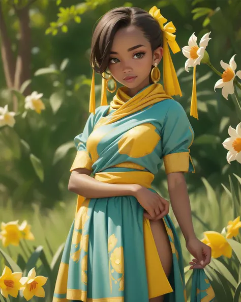 perfect portrait, Daffodil Yellow "Dira" womens attire Tanzania (Traditional cloth wrapped around the body.), perfect face, with an intricate park background<lora:chun liV1:0.78>